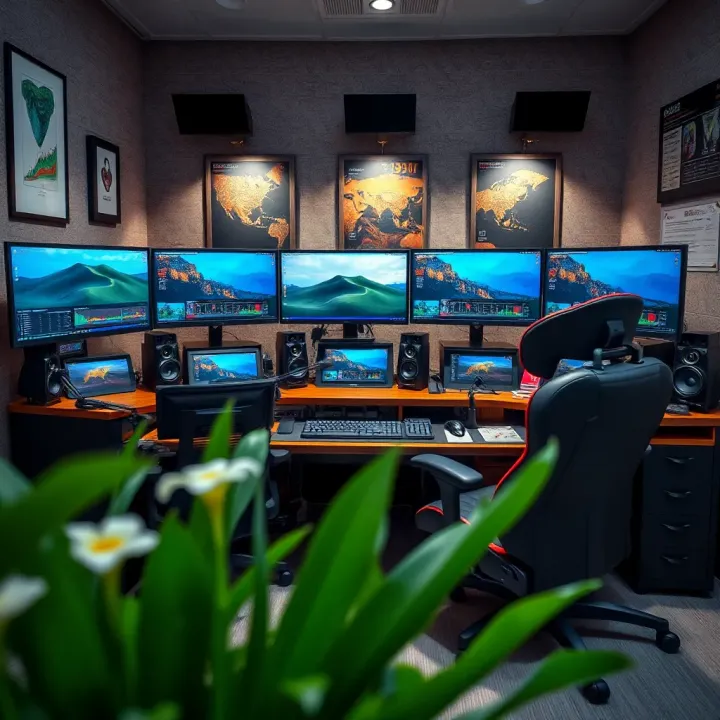 Modern trading workspace featuring multiple monitors, ergonomic chair, and organized desk setup