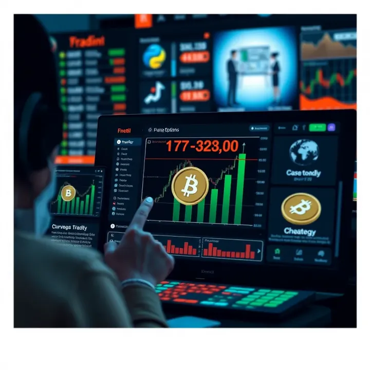 Graphical representation of online trading concepts with virtual currency and strategy icons