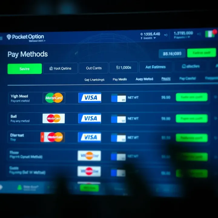 Digital interface showing Pocket Option platform with various payment methods available for Nigerian traders