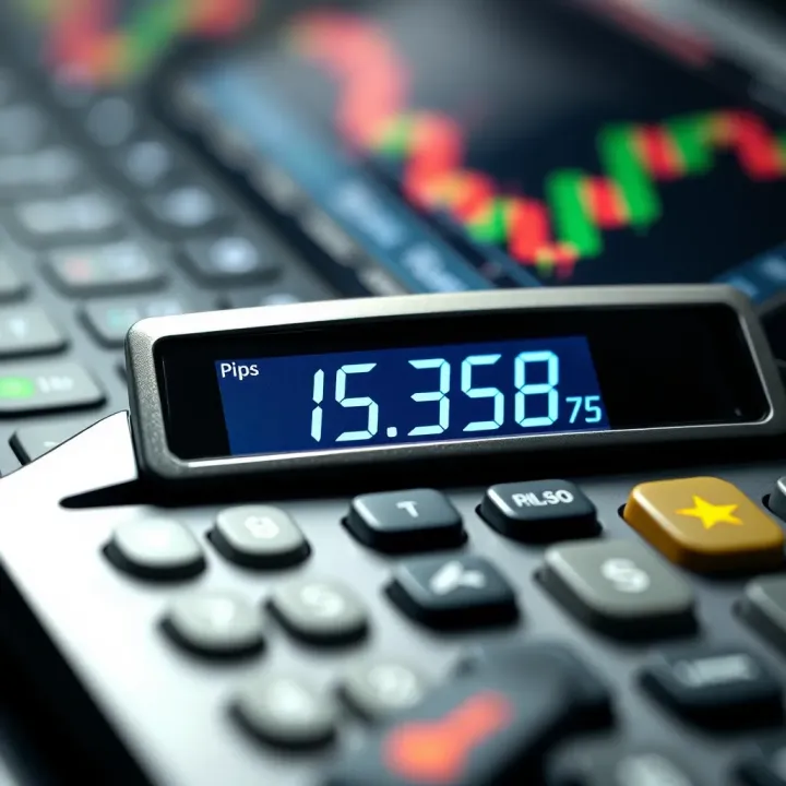 Illustration of a digital pips calculator displaying profit and loss calculations for forex trading