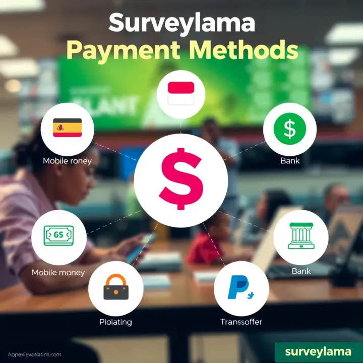 Surveylama Payment Methods Explained Graphic illustrating various payment methods supported by Surveylama including mobile money and bank transfers