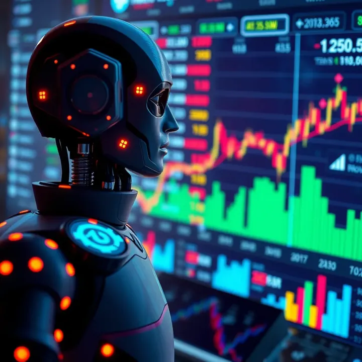 Automated Trading Powered by AI Conceptual visualization of automated trading with digital graphs and machine learning icons