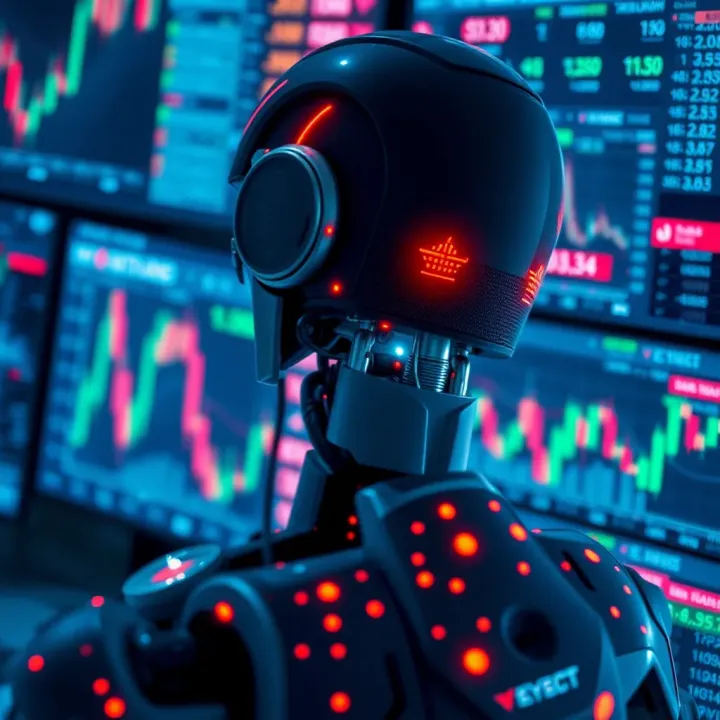 Abstract representation of artificial intelligence algorithms analyzing financial data on multiple screens