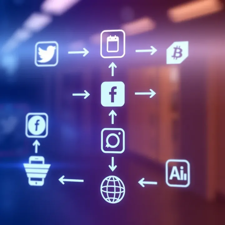 Illustration of digital app icons connected with arrows symbolizing exchange and trade