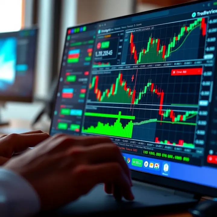 TradingView platform showing various financial charts and technical indicators for binary options trading