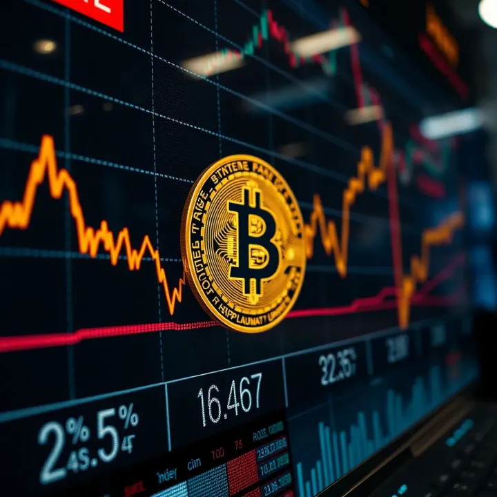 Graph showing fluctuating Bitcoin prices on a digital display