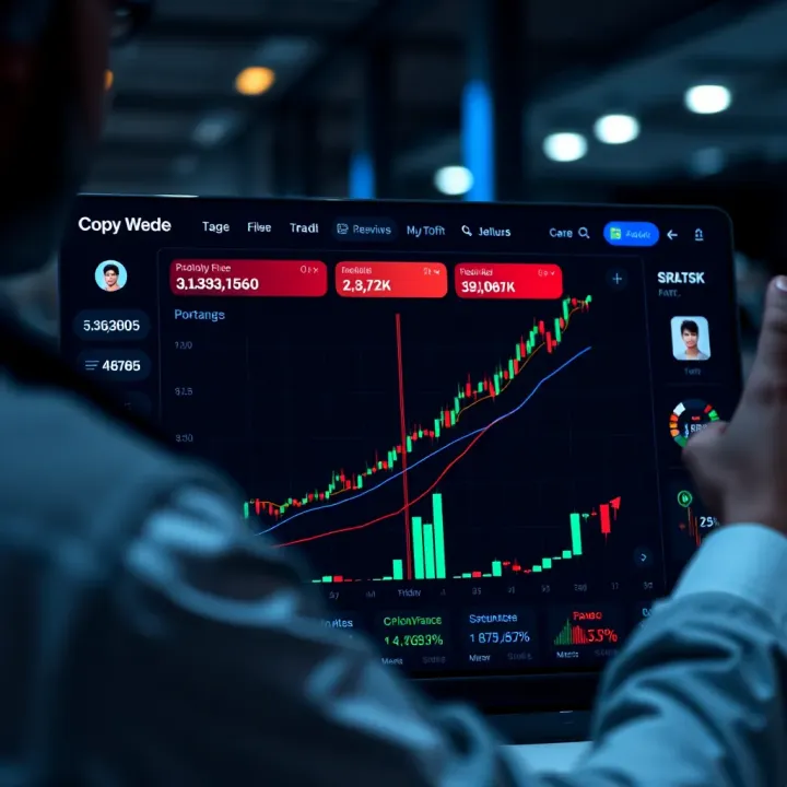 Dashboard interface of a copy trading app showing portfolio performance and trader profiles