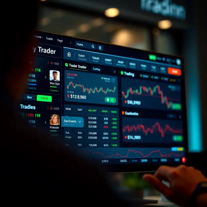Trading Platform Interface Highlighting Trader Profiles and Performance User interface of a trading platform displaying various trader profiles and their performance metrics