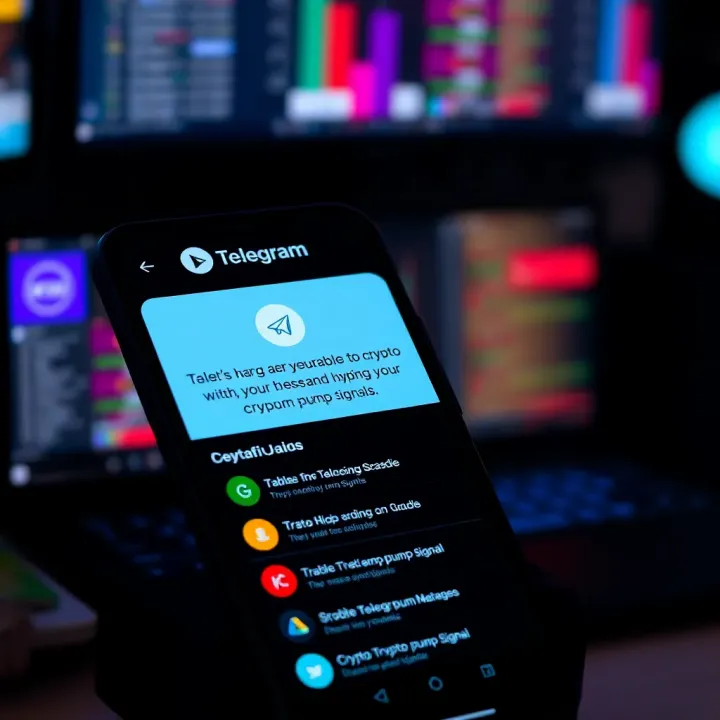 Mobile phone displaying Telegram app with cryptocurrency pump signal notifications