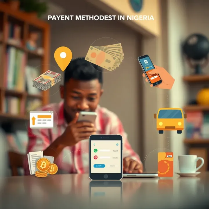 Overview of Payment Methods Used in Nigeria Illustration of various payment options including cash, USSD codes, bank applications, and fintech services