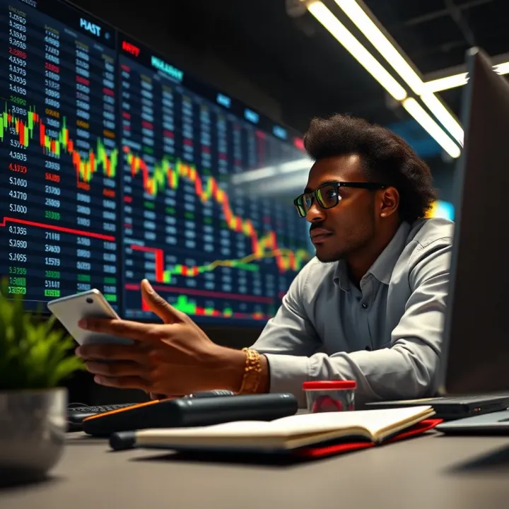 Graphical representation of a trader analyzing market data with digital financial charts in the background