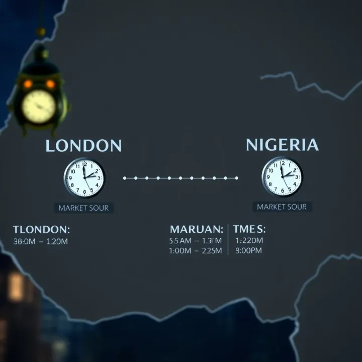 Time Difference Between London and Nigeria for Trading Sessions Map showing the time difference between London and Nigeria with clock icons indicating market hours