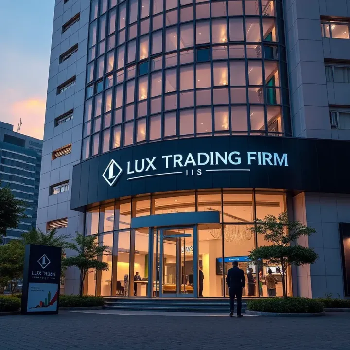 Lux Trading Firm Operational Headquarters Lux Trading Firm office building exterior showcasing modern architecture and vibrant business environment