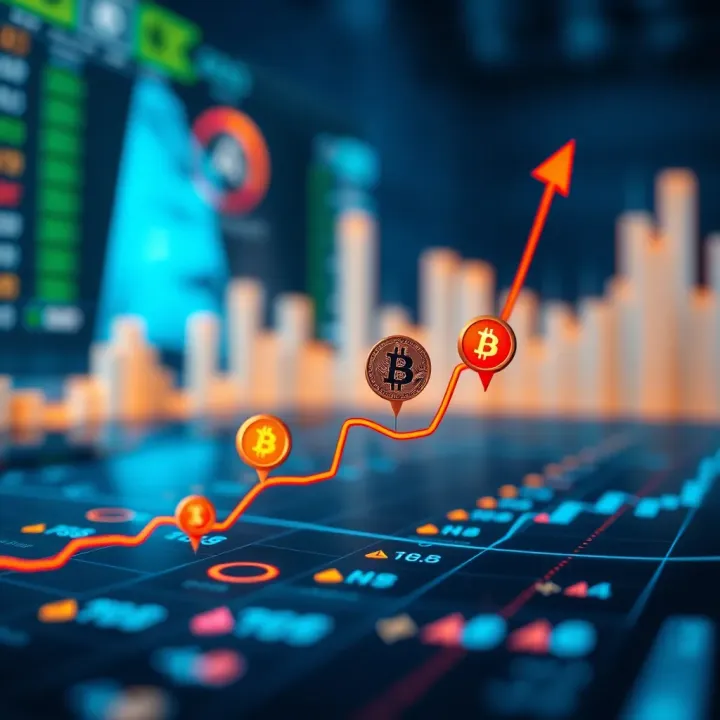 Graph showing upward trend with digital currency icons representing global trading opportunities