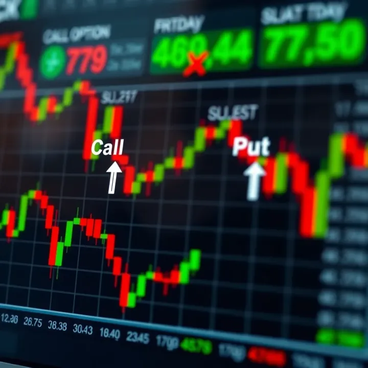 Diagram showing call and put options with arrows indicating buying and selling actions on a stock price chart