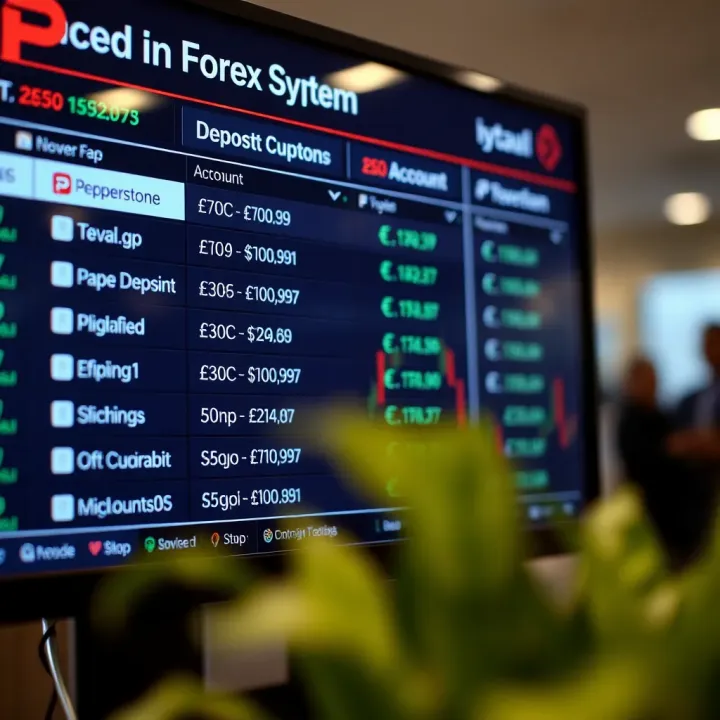 Digital display showing various online forex trading account options with currency symbols