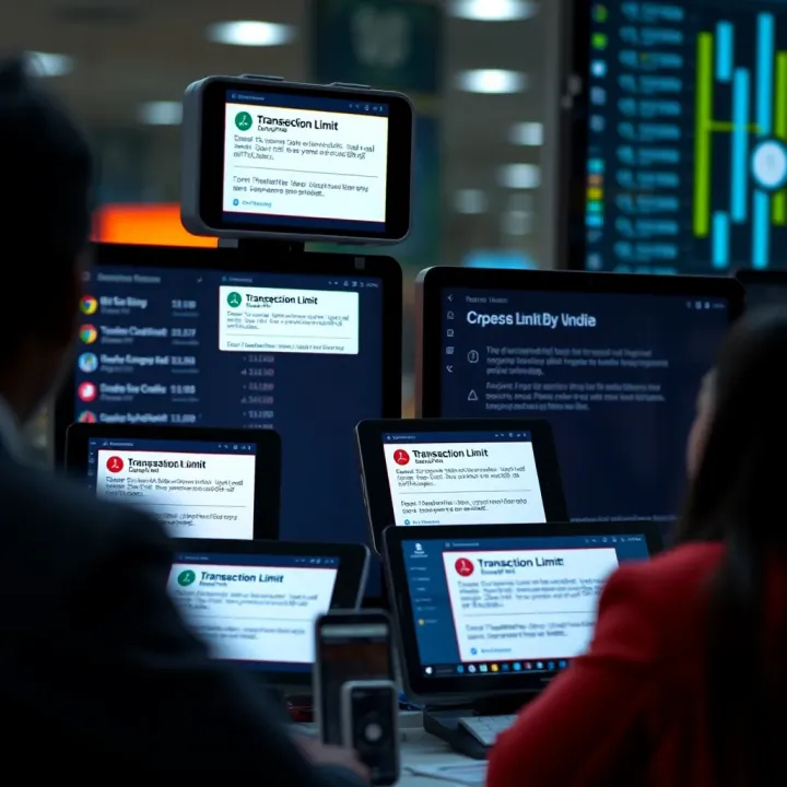 Visual representation of multiple digital devices displaying transaction limits and alert notifications